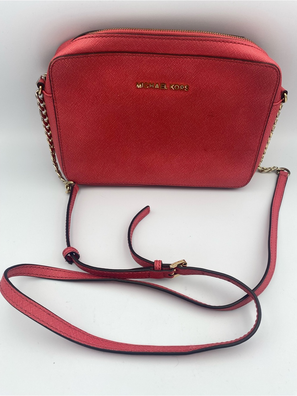 Michael Kors Red Saffiano Leather Crossbody with Gold Chain